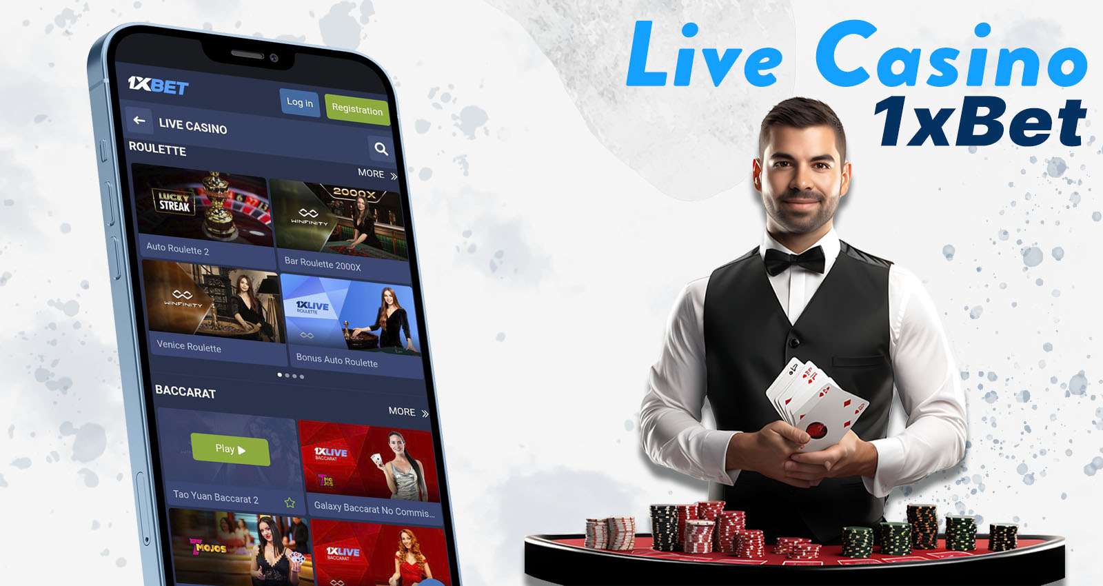 A wide range of 1xBet live dealer games, including popular casino classics such as roulette, blackjack, baccarat and poker